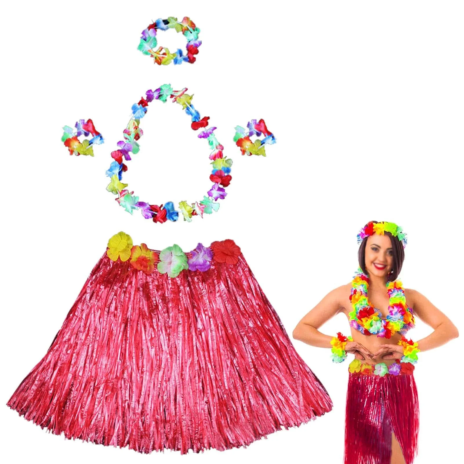 Hawaii Dans Kostümü – Kırmızı Hula Etek &amp; Çiçek Kolye Seti