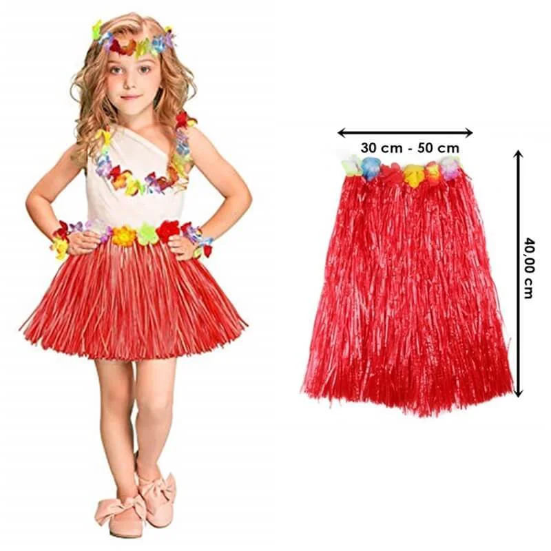 Hawaii Hula Eteği Kırmızı 40 cm - Lastikli Bel, Salsa & Parti Aksesuarı