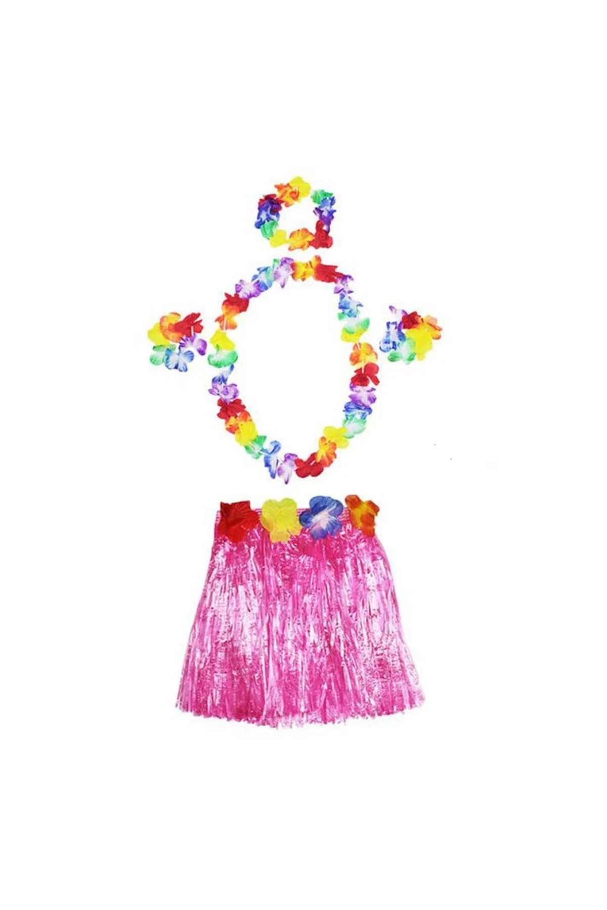 Hawaii Kolye Etek Taç Ve Bileklik Seti Pembe