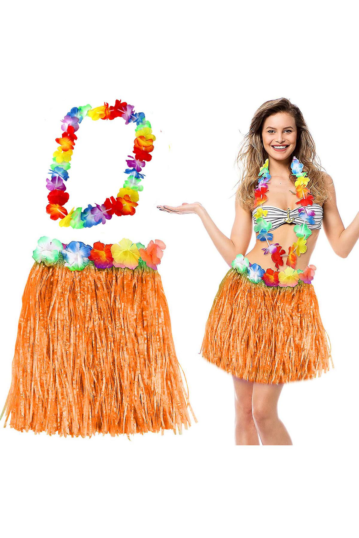 Ok Aksesuar Hawaii Luau Aloha Turuncu Püsküllü 40 Cm Etek Ve Hawaii Kolye Set