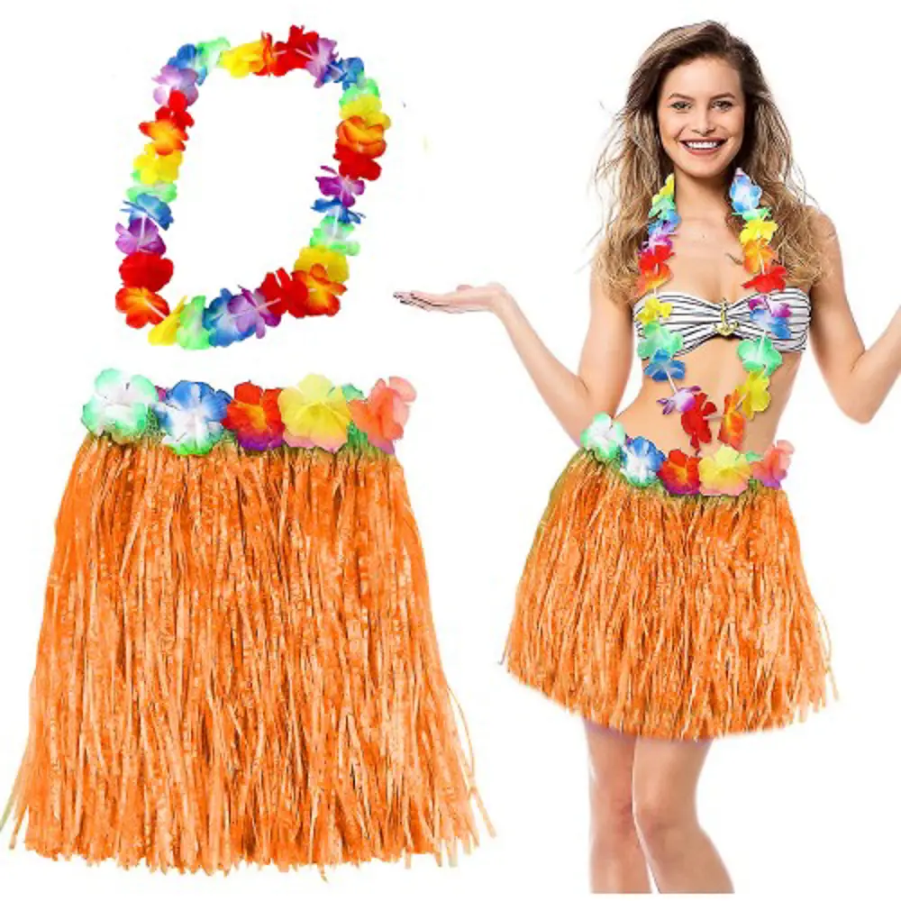 Hawaii Luau Aloha Turuncu Püsküllü 40 cm Etek ve Hawaii Kolye Set
