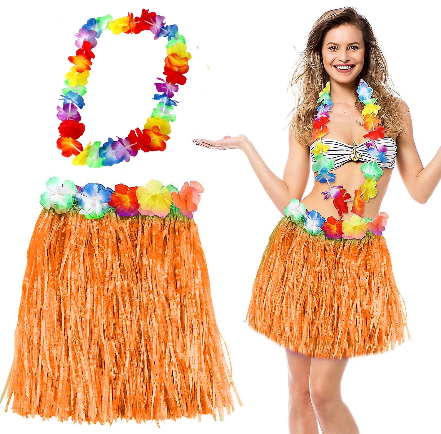 Hawaii Luau Etek ve Kolye Seti - Turuncu Püsküllü 40 cm