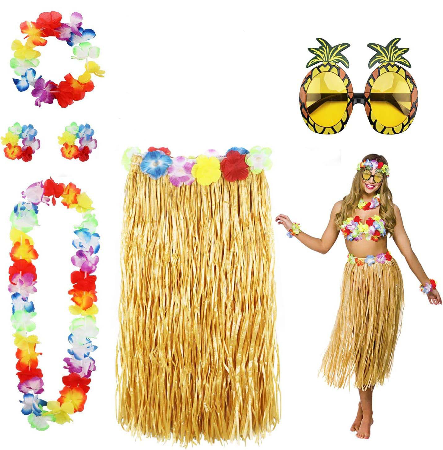 Hawaii Parti Kostüm Seti - 60 cm Hasır Etek, Çiçekli Aksesuarlar