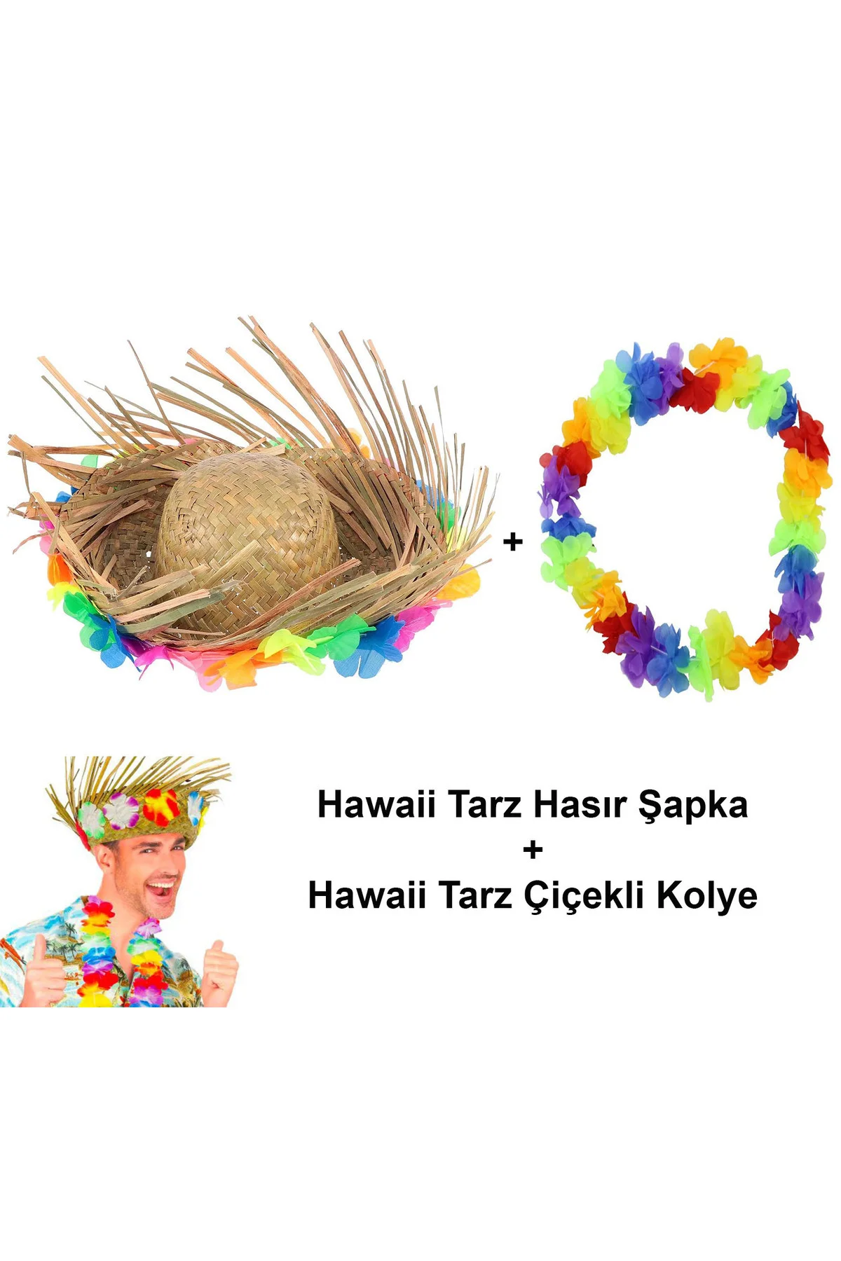 Hawaii Tarzı Tropikal Çiçekli Hasır Şapka ve Çiçekli Hawaii Kolye Hawaii Tarzı Tropikal Çiçekli Hasır Şapka ve Çiçekli Hawaii Kolye