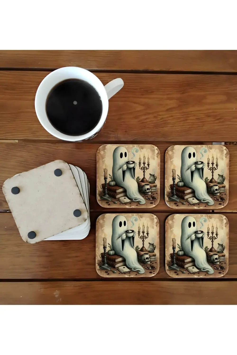 Hayaletin kahve keyfi - kahve zamanı - komik ahşap bardak altlığı