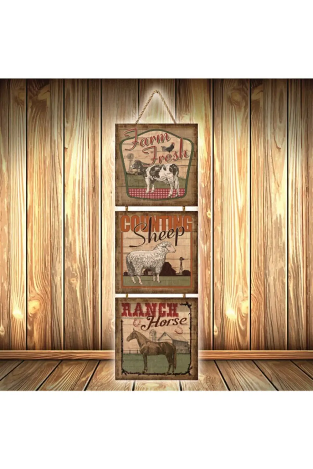 Hayvan Çiftliği Tasarımlı Retro Ahşap Poster Üçlü Ü377