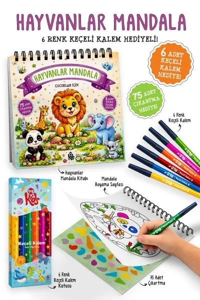 Hayvanlar Mandala - 6 Renk Keçeli Kalem ve 75 Adet Çıkartma Hediyeli 3+ Fiyatı, Yorumları ve Özellikleri