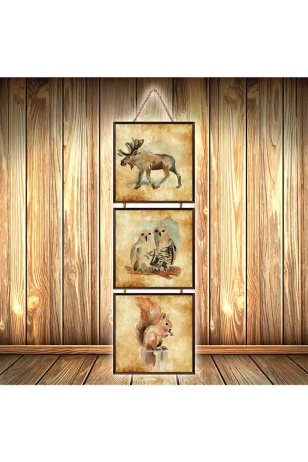 Hayvanlar Tasarımlı Üçlü Retro Ahşap Poster Ü510