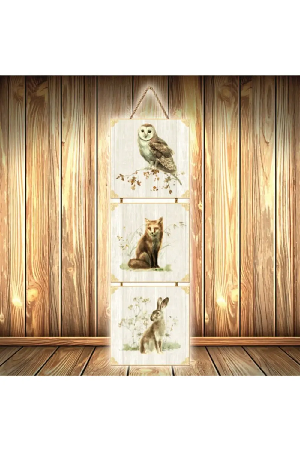 Hayvanlar Tasarımlı Üçlü Retro Ahşap Poster Ü513
