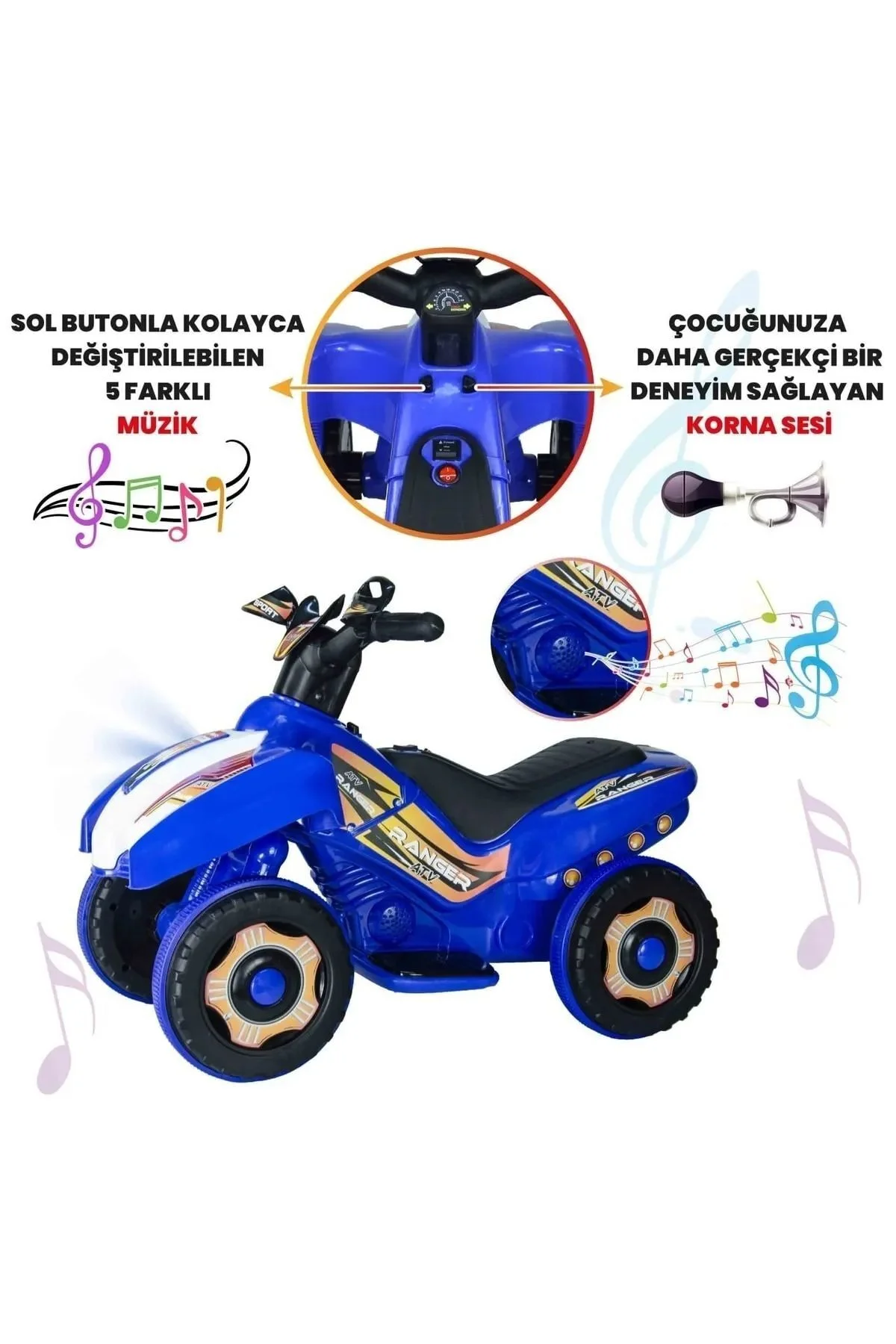 Hazır Kurulu Led Işıklı Müzikli Akülü Atv Motor Mavi