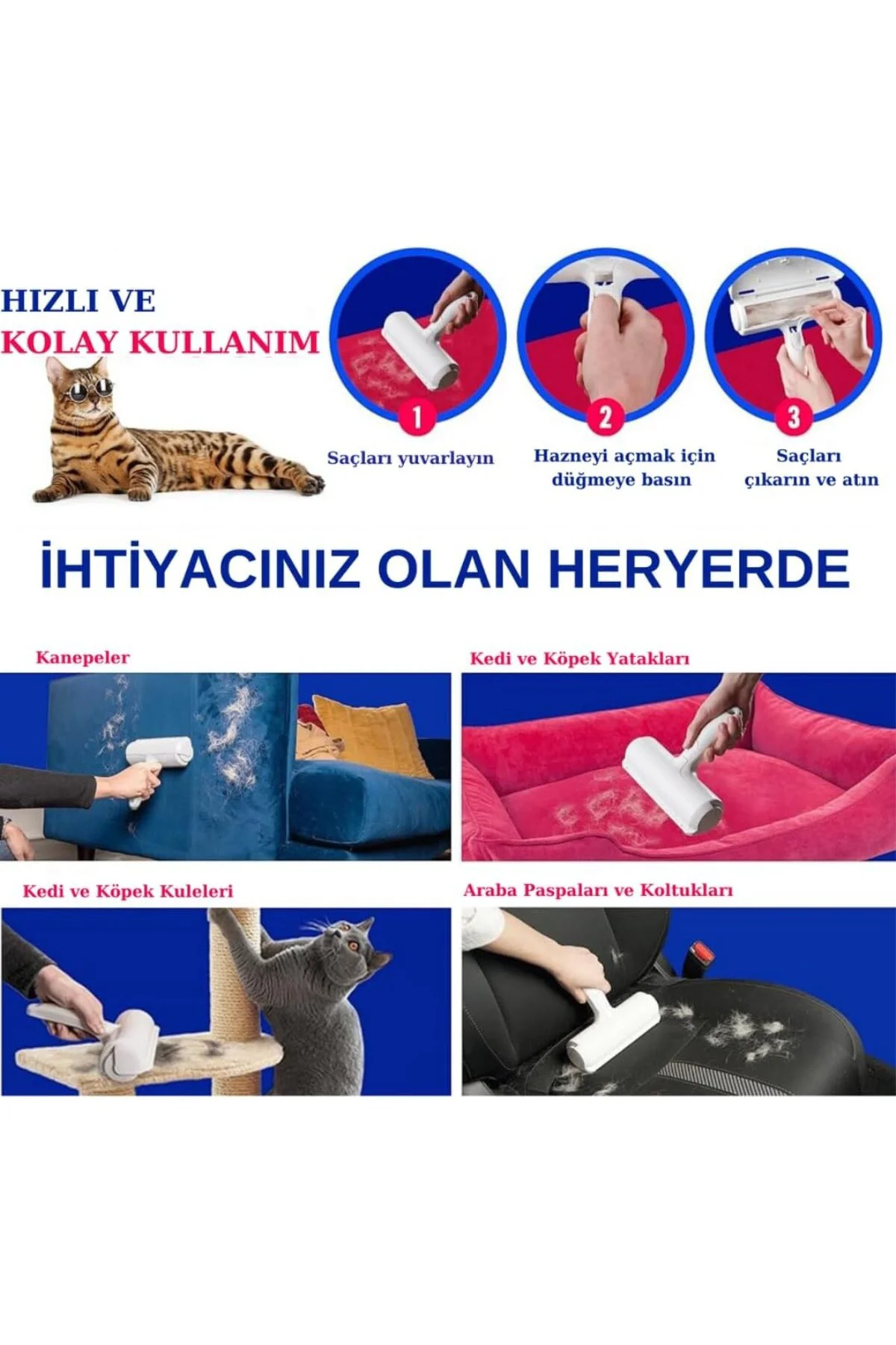 Hazneli Kedi Köpek Tüy Temizleyici Kıl Toz Toplayıcı Kazak Halı T