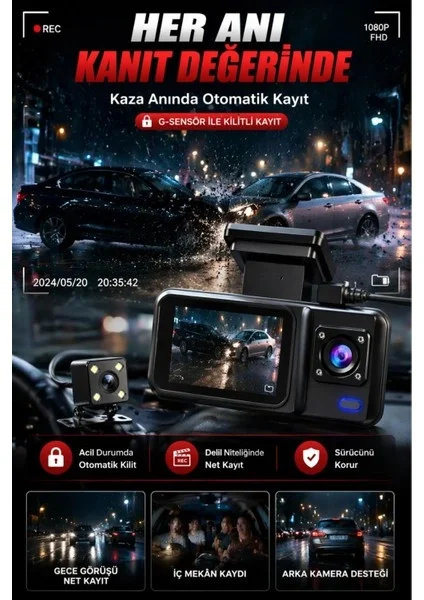 HD 3 Kameralı Araç Kamerası Ön Arka İç Kayıt Gece Görüşlü G Sensörlü Geniş Açılı