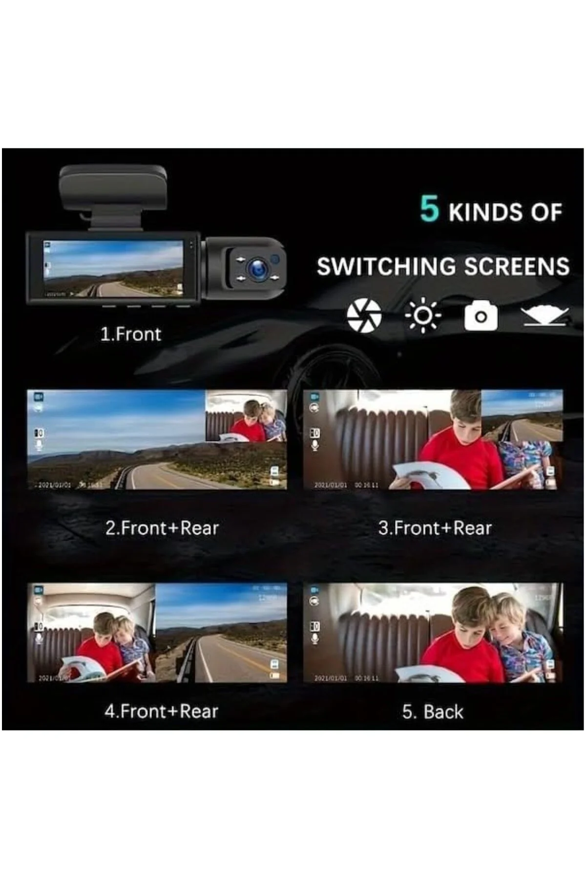 HD Araç Kamerası Araç Ön ve Araç içi Kamera 3.16 inç LCD Ekran, 5