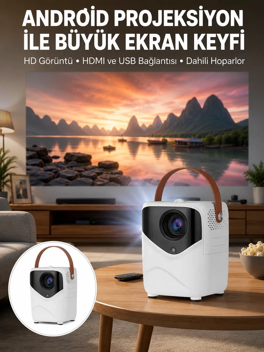 HD Portatif Projeksiyon Cihazı - Android 1080P Bluetooth Wifi Akıllı Ev Sineması