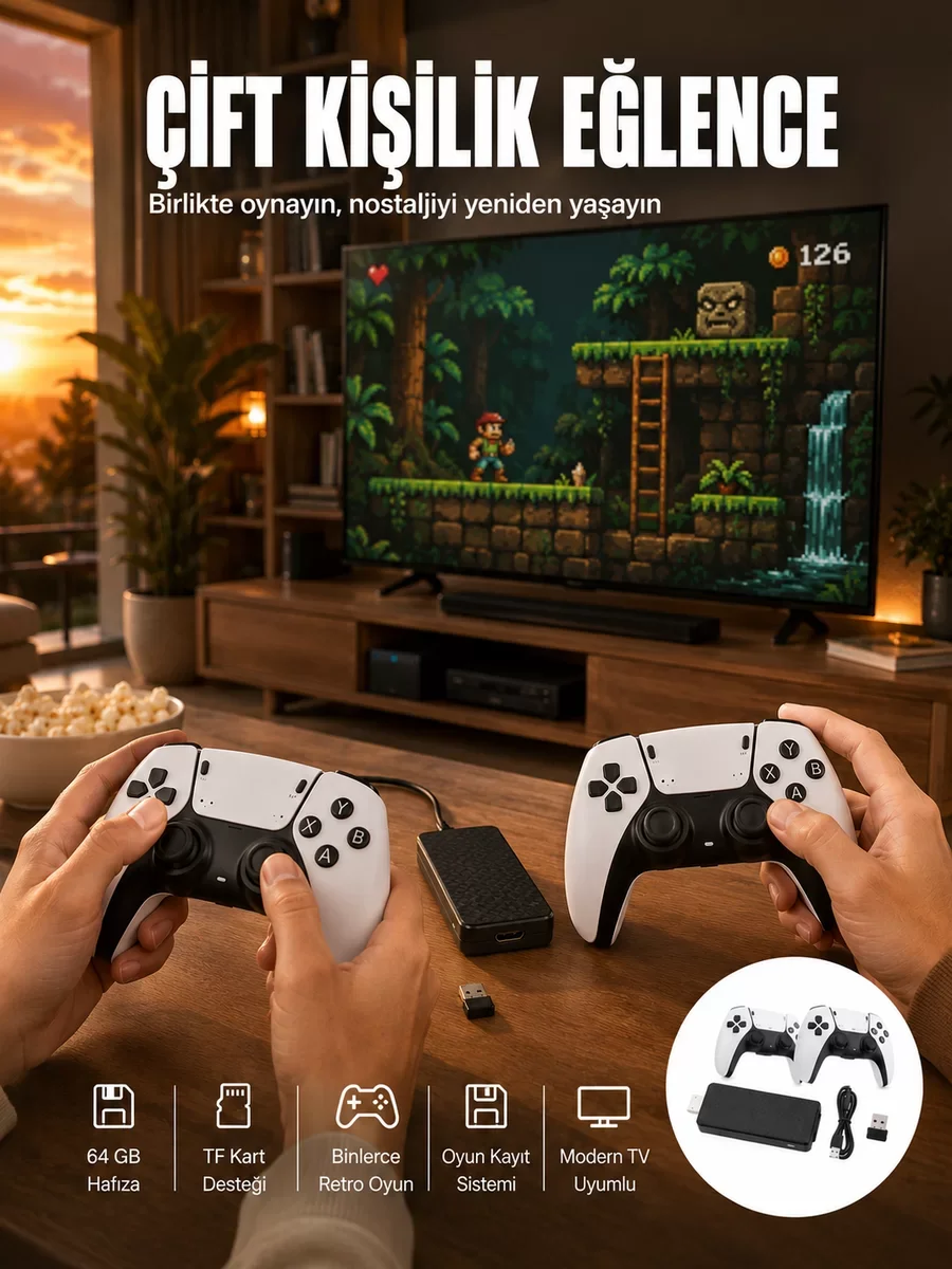 HDMI Girişli 2 Kişilik Kablosuz Retro Oyun Çubuğu - 4K 60 FPS Hızlı Başlangıçlı Emülatör