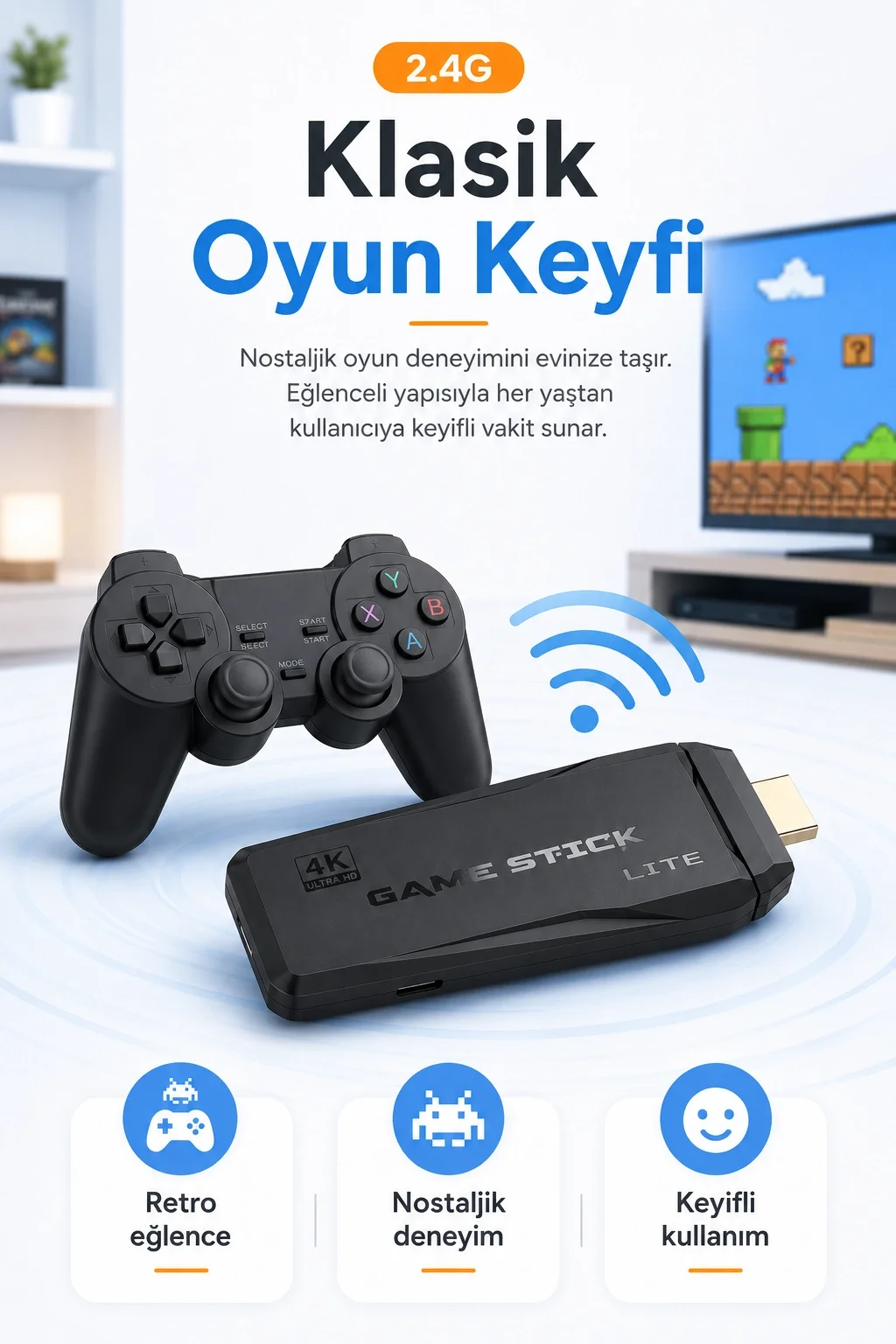 HDMI Girişli Kablosuz Retro Oyun Konsolu 2.4G Bağlantılı Çift Kollu Eğlence Seti