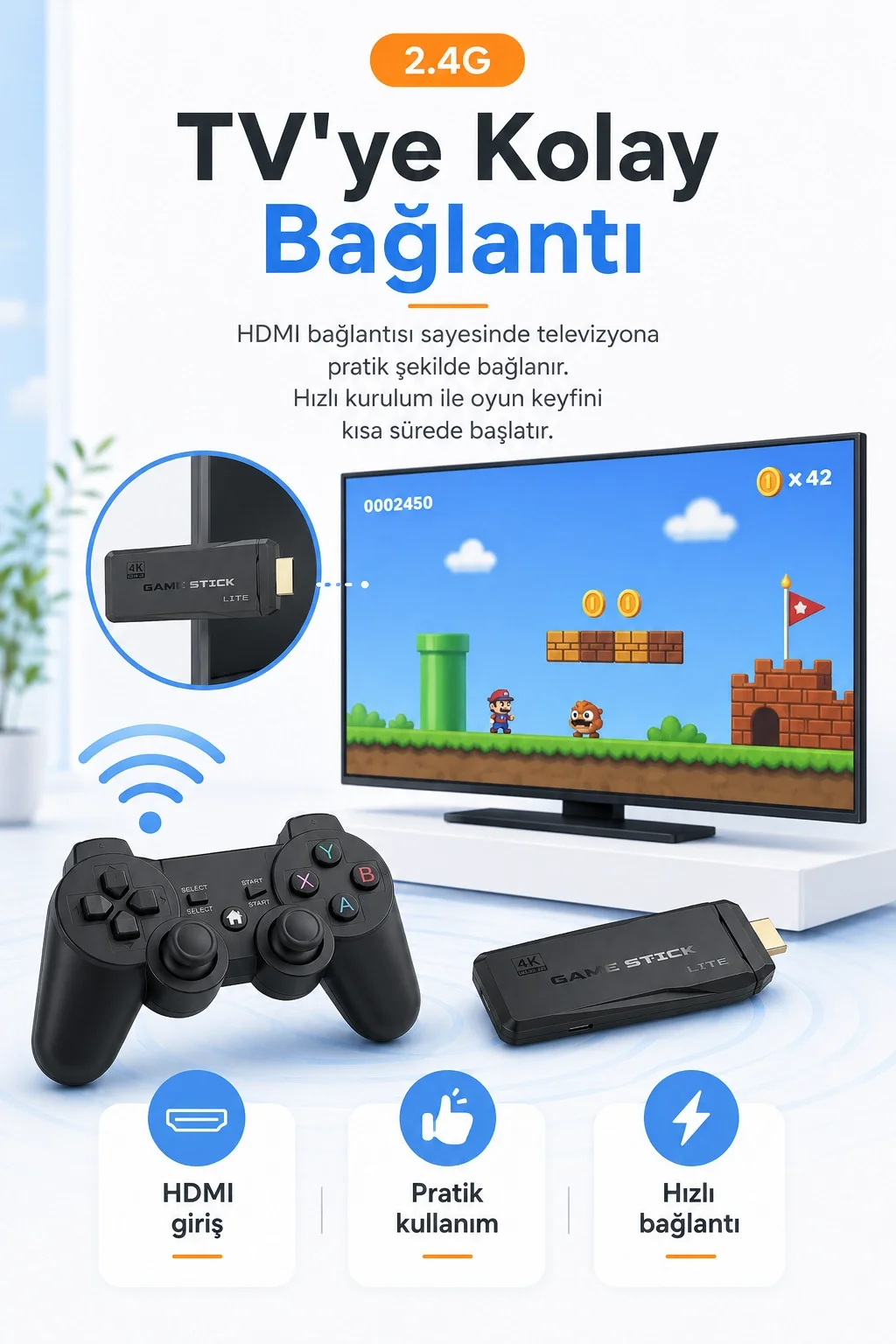 HDMI Girişli Kablosuz Retro Oyun Konsolu 2.4G Bağlantılı Çift Kollu Eğlence Seti