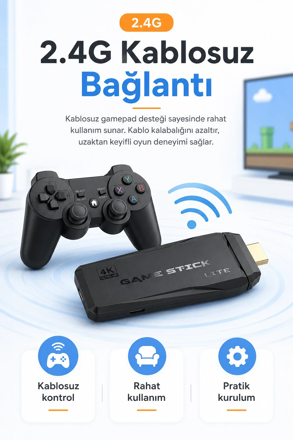 HDMI Girişli Kablosuz Retro Oyun Konsolu 2.4G Bağlantılı Çift Kollu Eğlence Seti