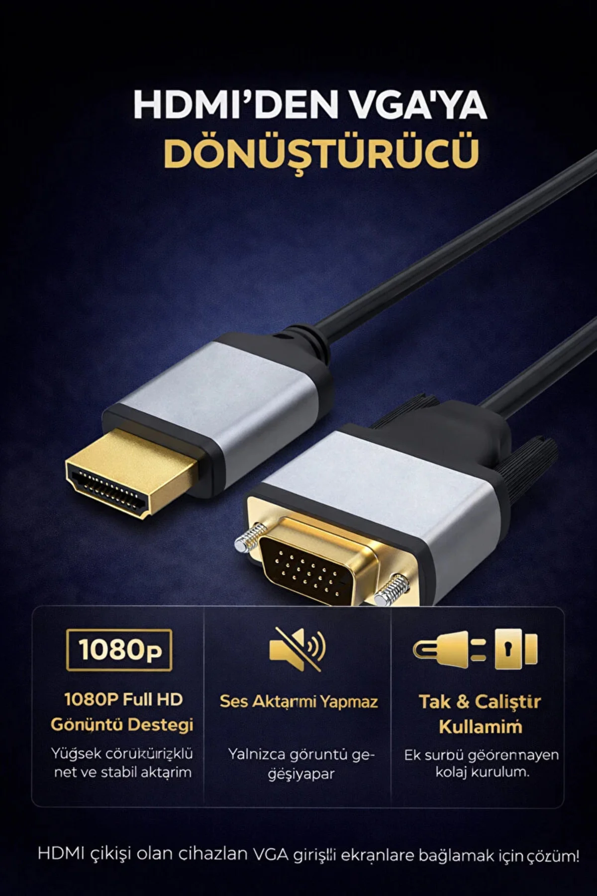 HDMI VGA Kablo Dönüştürücü 1.8M HDMI Erkek VGA Erkek Adaptör 1080P Monitör Projeksiyon Bağlantı