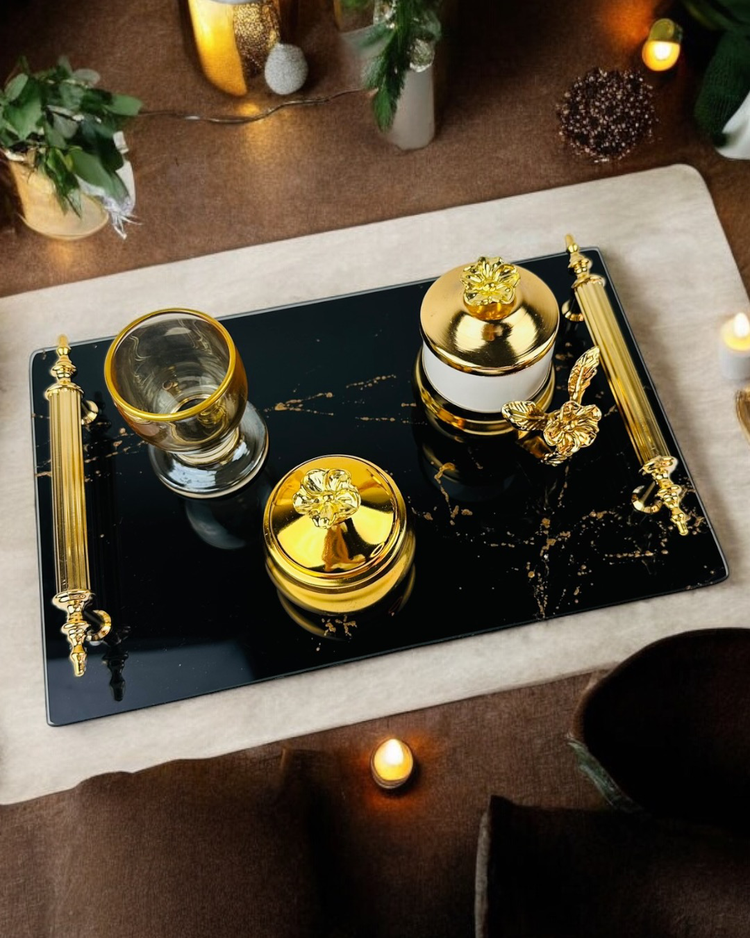 Cyzhome Heartfelt Siyah Desenli Cam Söz Tepsisi