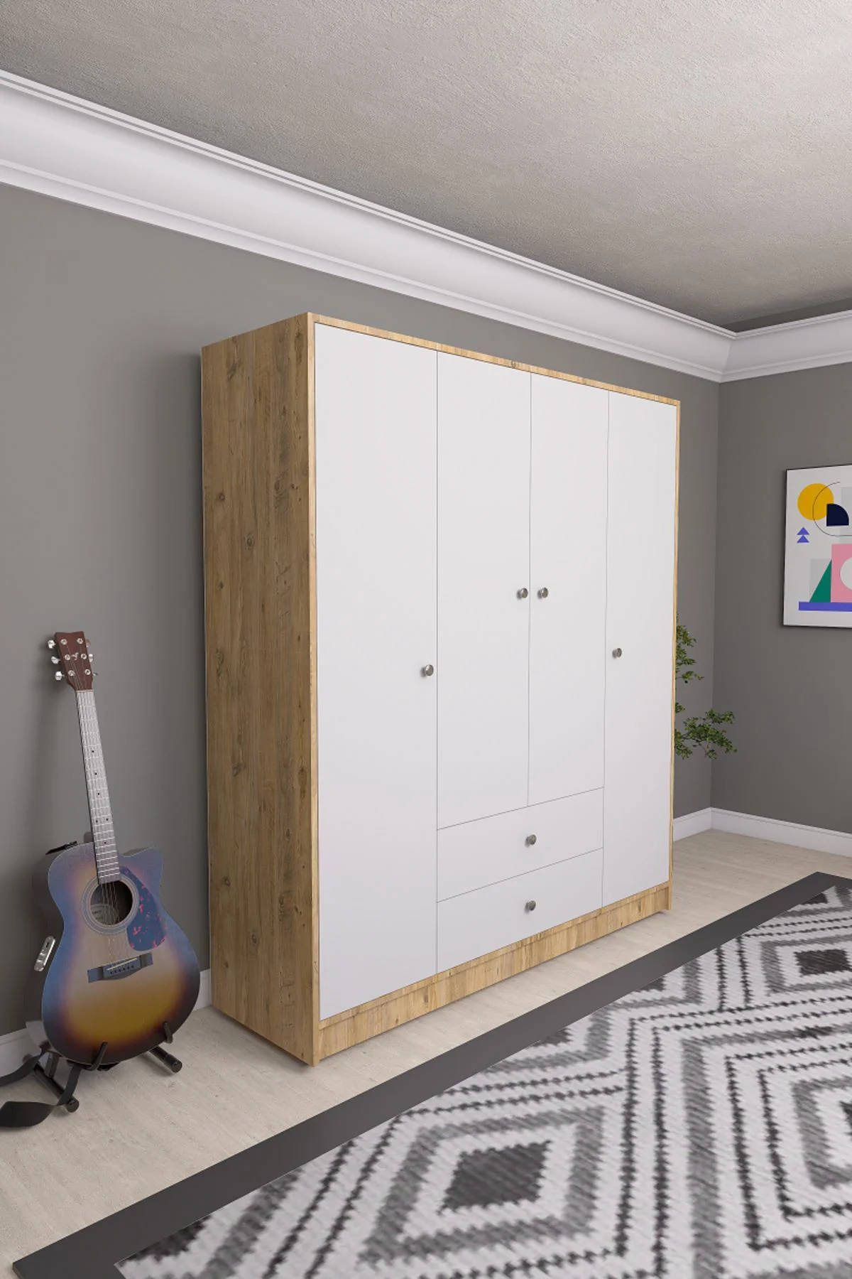 Hedamis 4 Kapaklı Gardrop 2 Çekmeceli 10 Raflı Geniş Dekoratif Ga