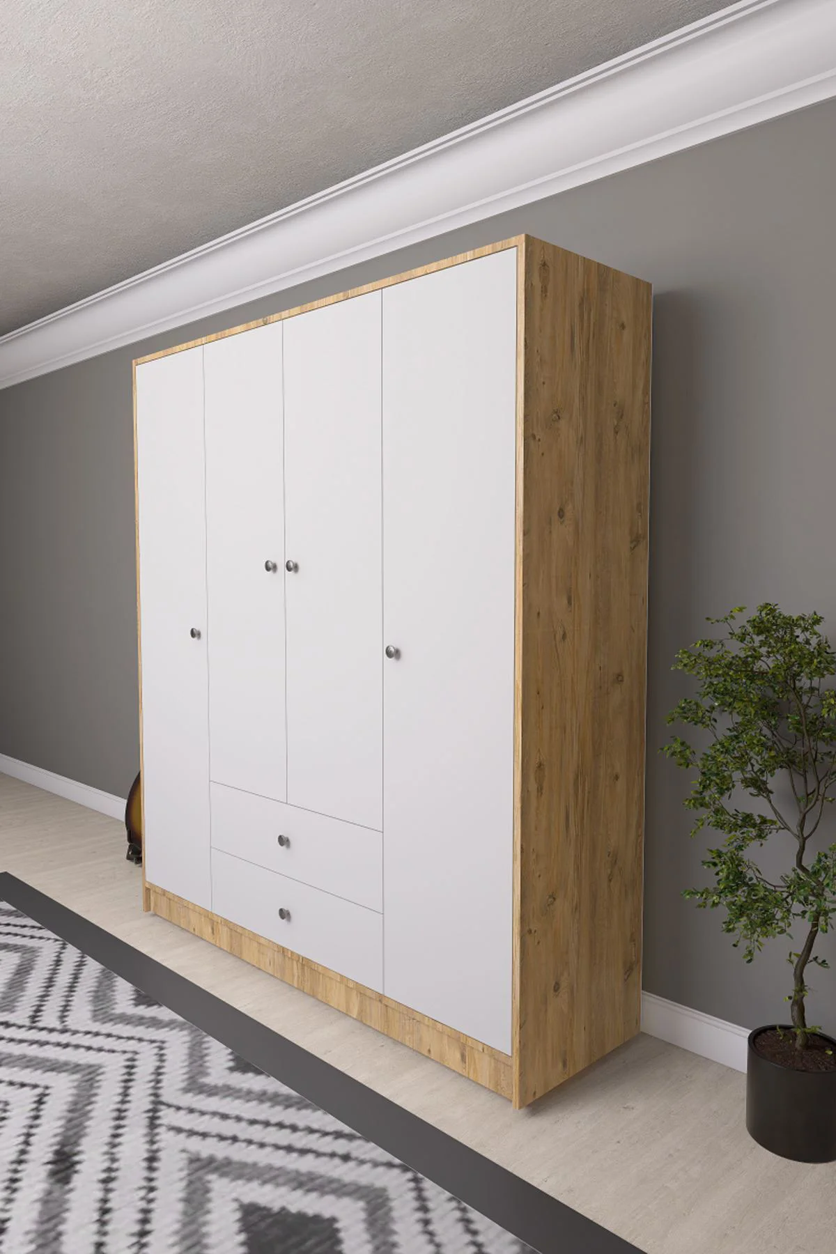 Hedamis 4 Kapaklı Gardrop 2 Çekmeceli 10 Raflı Geniş Dekoratif Ga