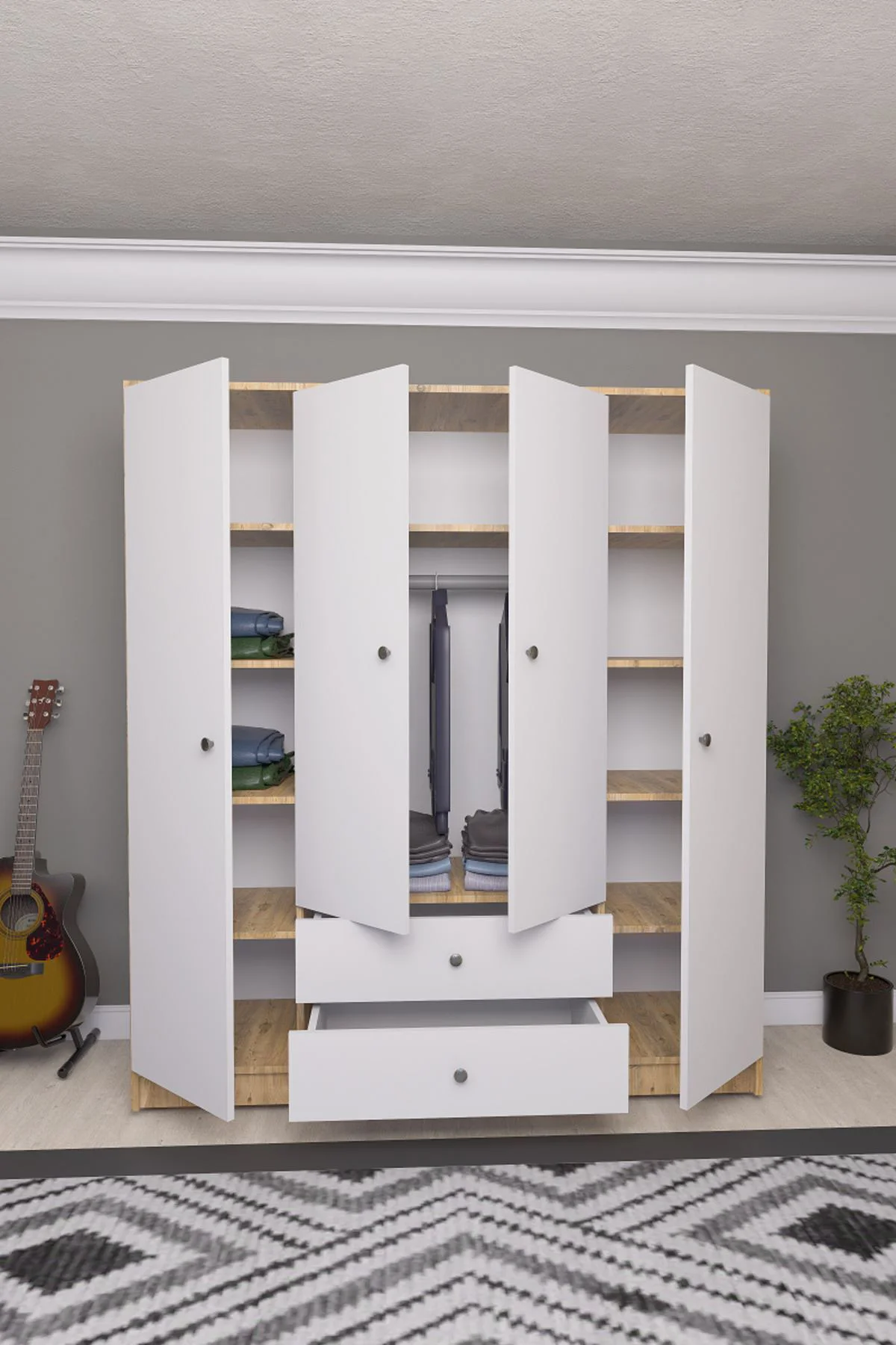 Hedamis 4 Kapaklı Gardrop 2 Çekmeceli 10 Raflı Geniş Dekoratif Ga