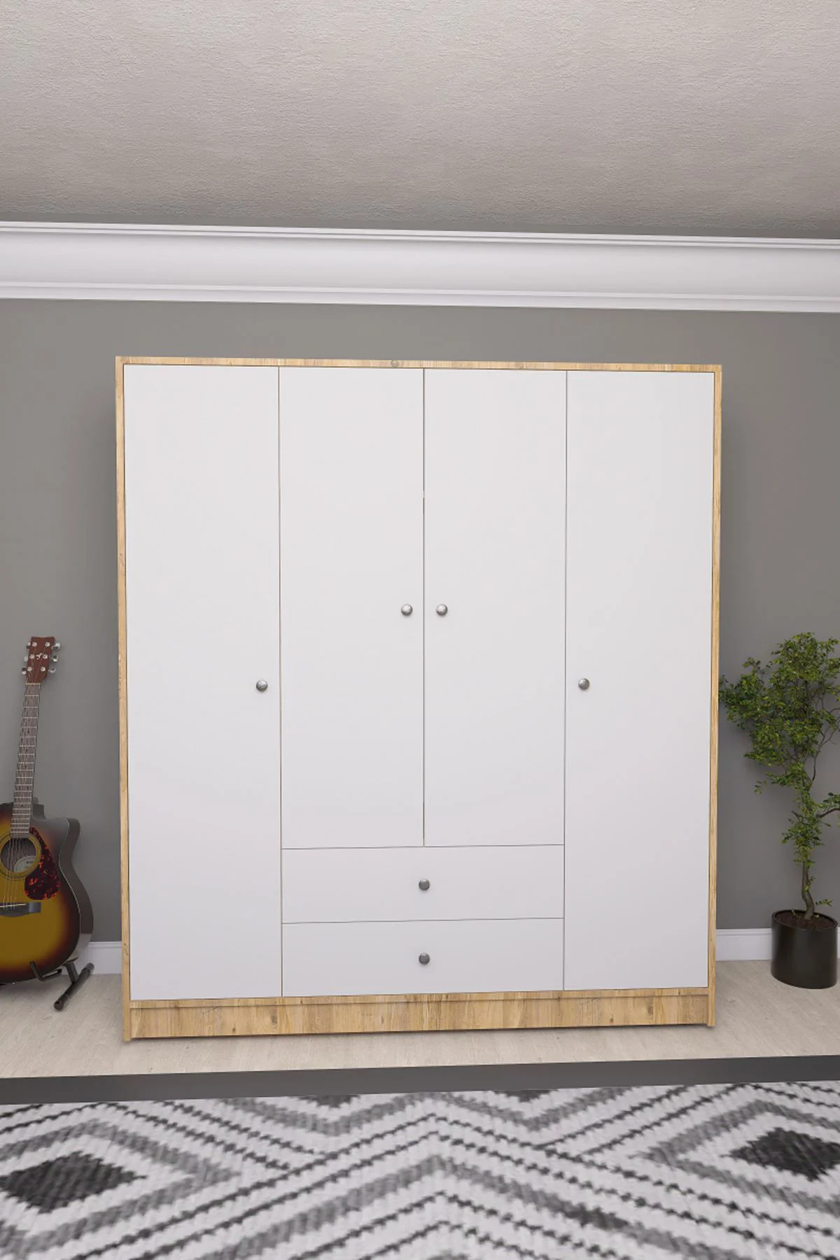 Hedamis 4 Kapaklı Gardrop 2 Çekmeceli 10 Raflı Geniş Dekoratif Ga