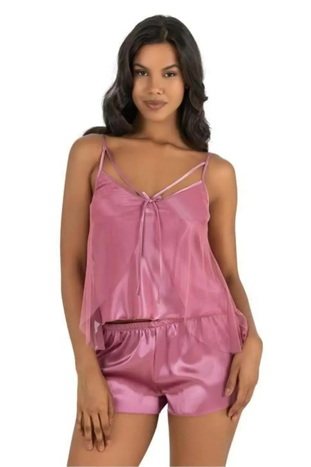 Hediye Cantam Gül Kurusu Saten Şort Takımı