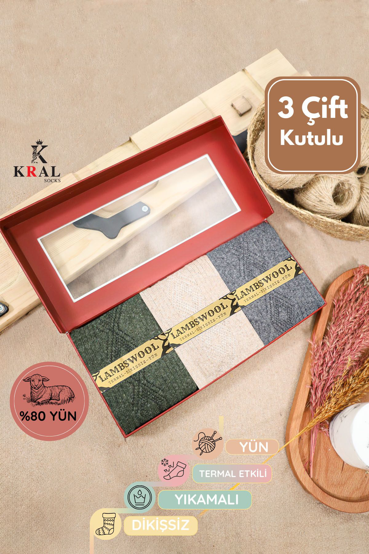 Hediye Kutulu Erkek (3 ÇİFT) Kaliteli Yünlü Kışlık Lambswool Parf
