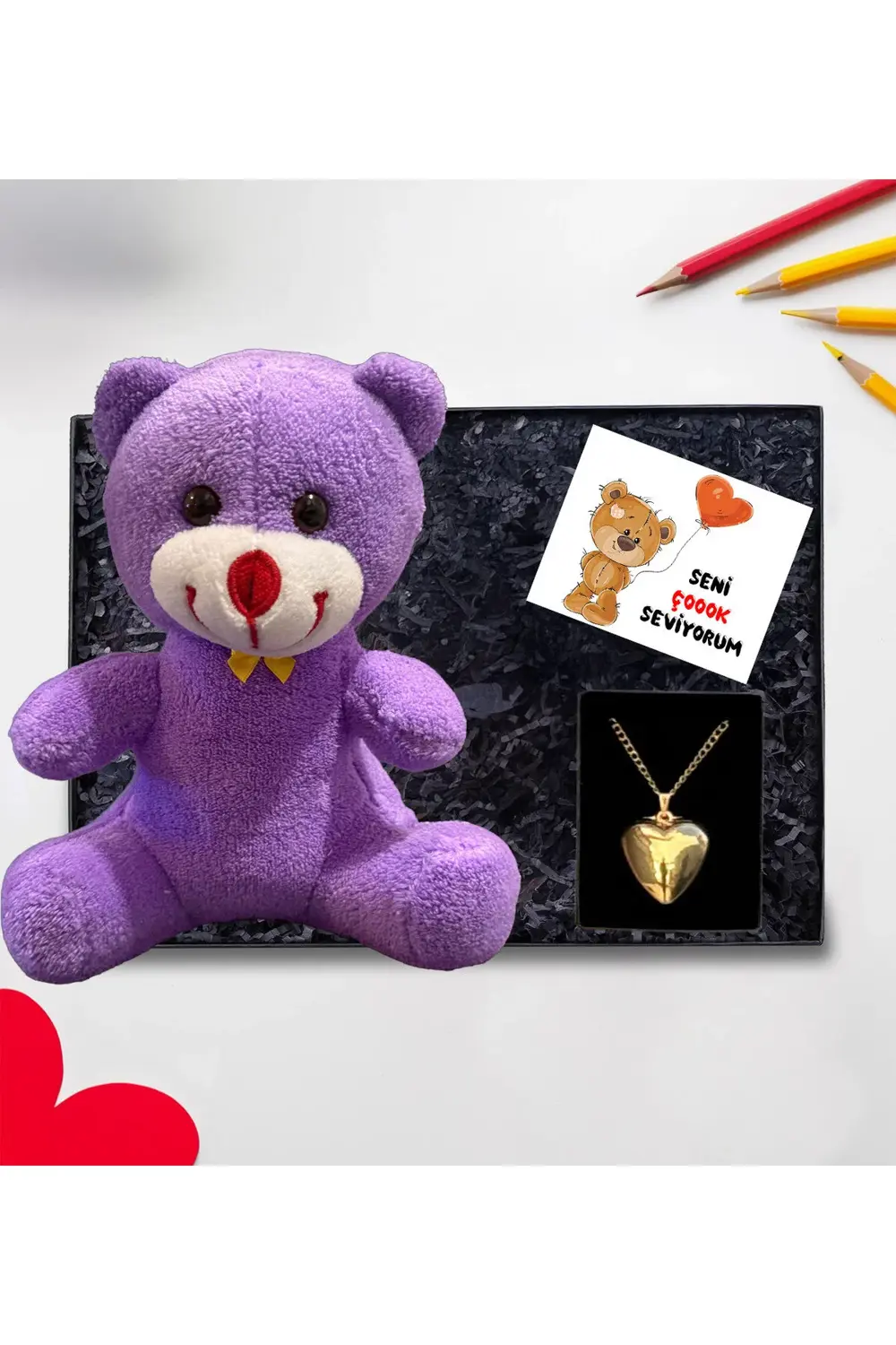 Hediye Kutusunda 25cm Mor Ayıcık ve Çelik Kalp Kolye Sevgiliye He