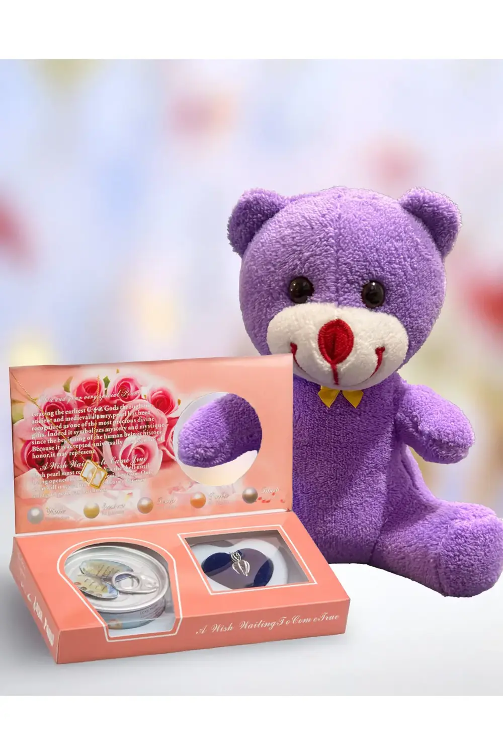 Hediye Seti 25cm Mor Ayıcık ve İstiridye İçinde İnci Kolye Arkada