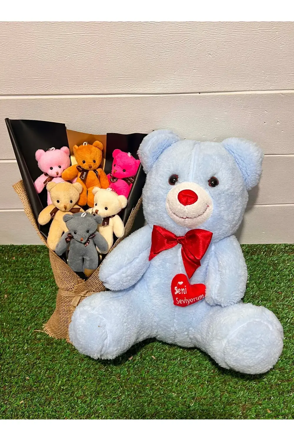 Hediye Sevgiliye 35cm Kalpli Mavi Ayıcık ve 6 Adet Rengarenk Ayıc