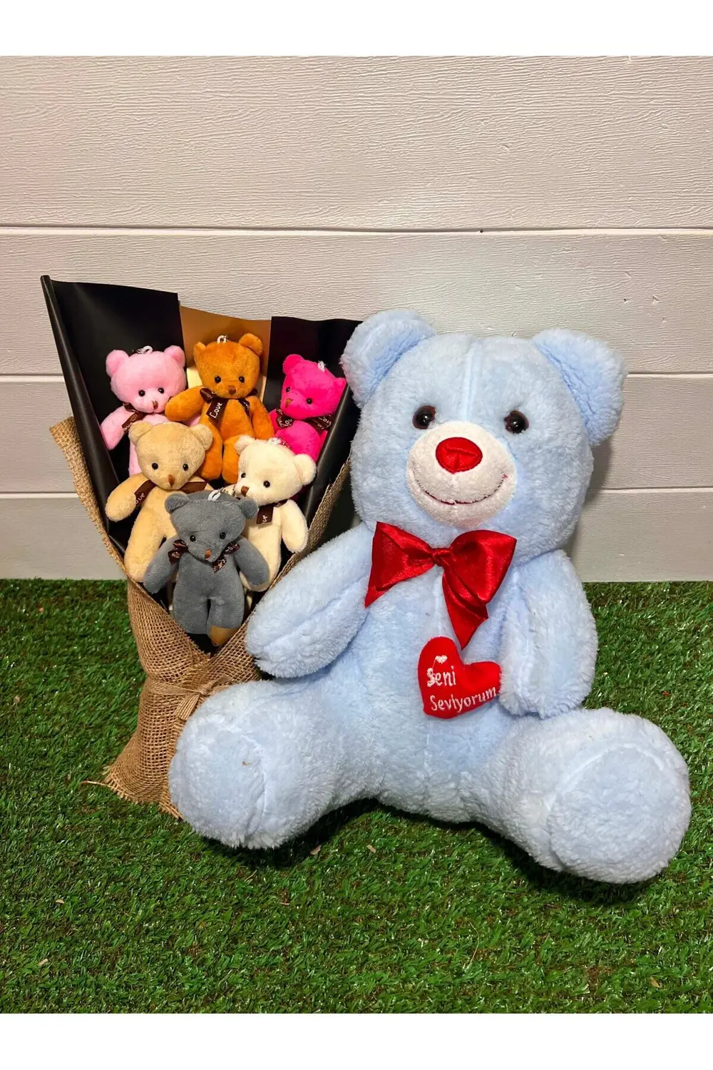Hediye Sevgiliye 35cm Kalpli Mavi Ayıcık ve 6 Adet Rengarenk Ayıc