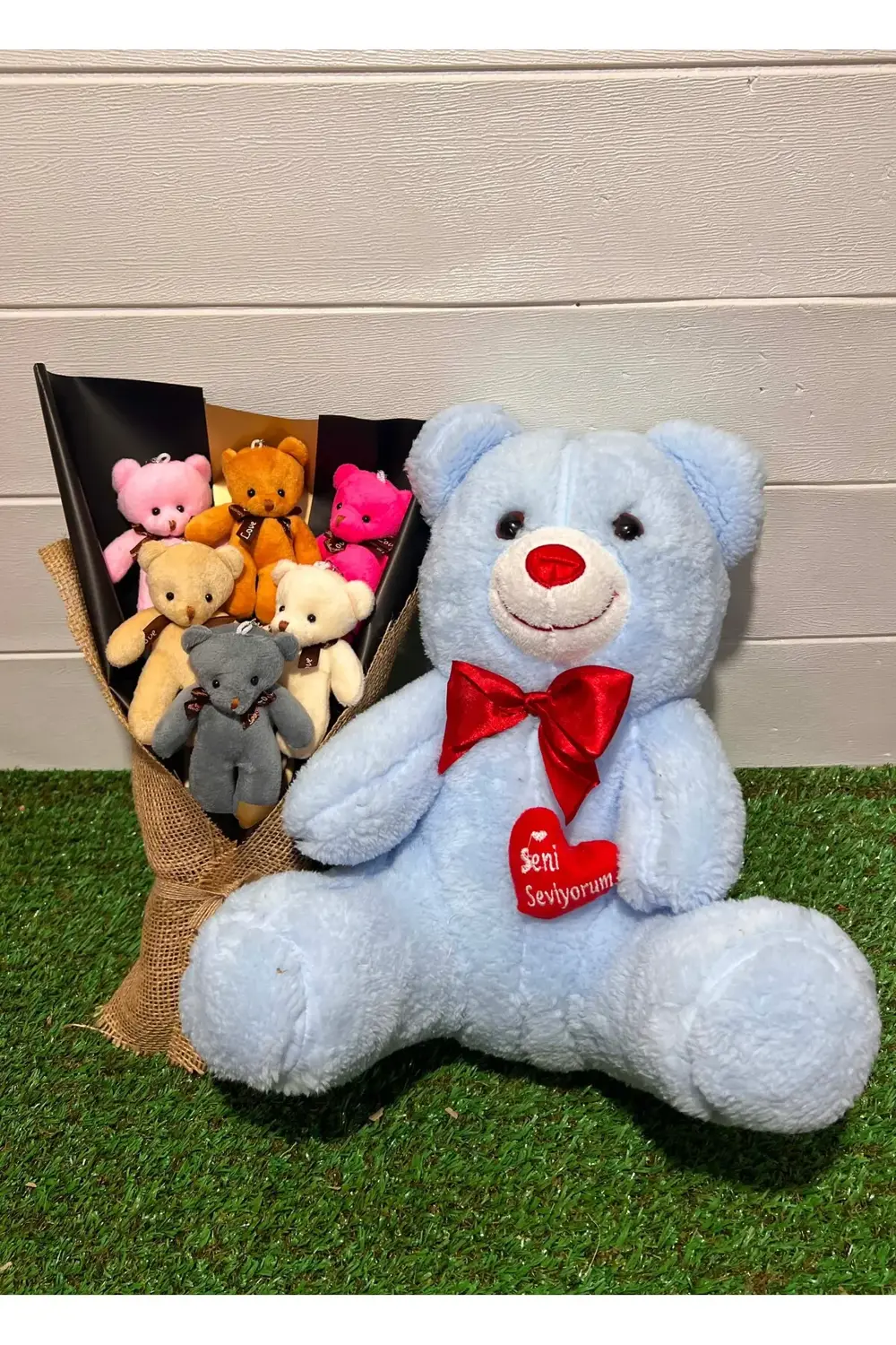 Hediye Sevgiliye 35cm Kalpli Mavi Ayıcık ve 6 Adet Rengarenk Ayıc