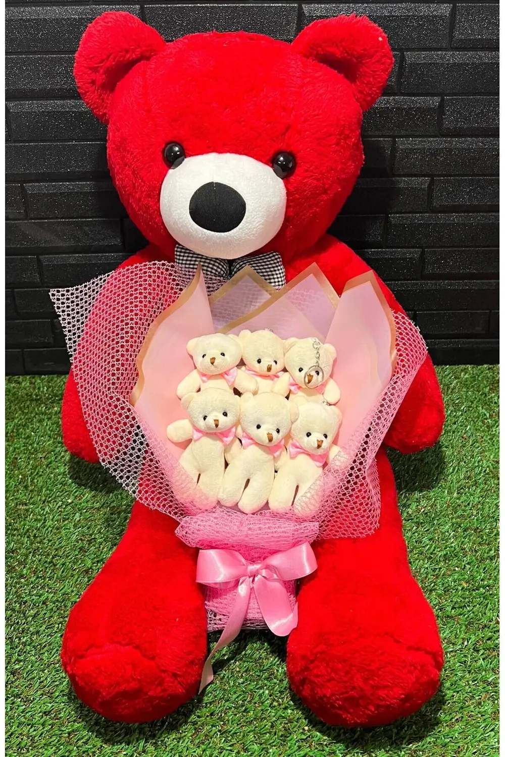 Hediye Sevgiliye 80cm Kırmızı Ayıcık ve 6lı Ayıcık Buketi - Sevgi