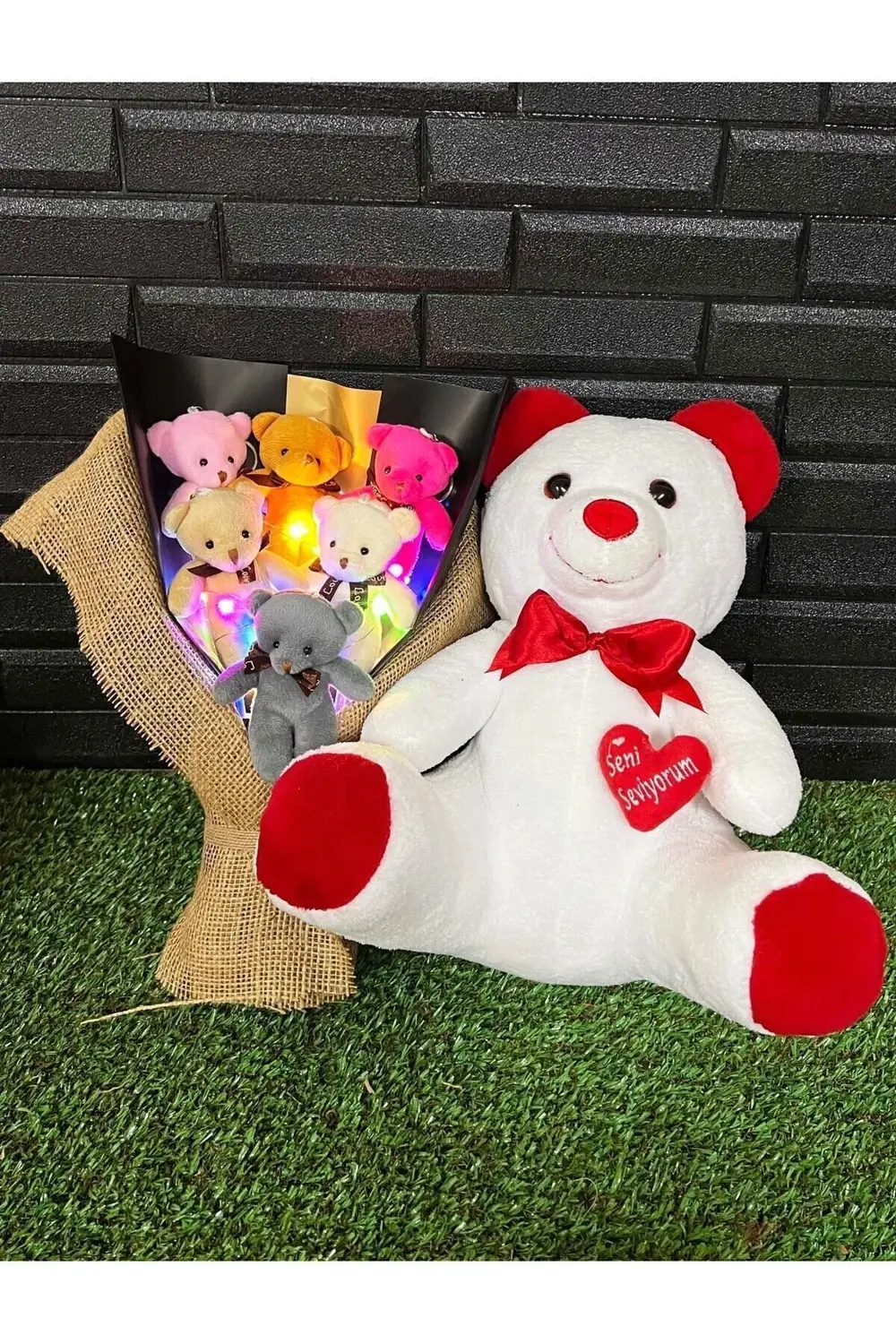 Hediye Sevgiliye Romantik 35cm Kalpli Beyaz Ayıcık ve Rengarenk I