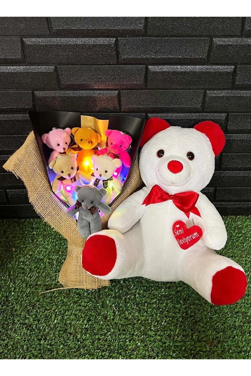 Hediye Sevgiliye Romantik 35cm Kalpli Beyaz Ayıcık ve Rengarenk I