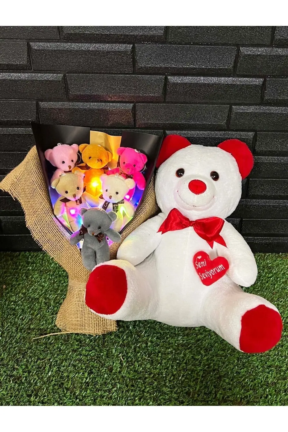 Hediye Sevgiliye Romantik 35cm Kalpli Beyaz Ayıcık ve Rengarenk I