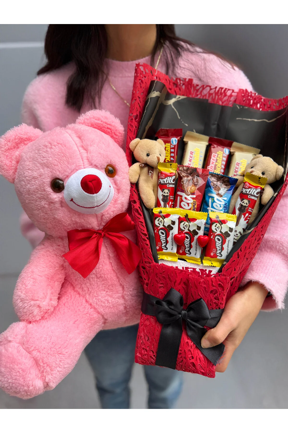 Hediyelik Çikolata Buketi Ayıcıklı ve 35cm Pembe Ayıcık Romantik 