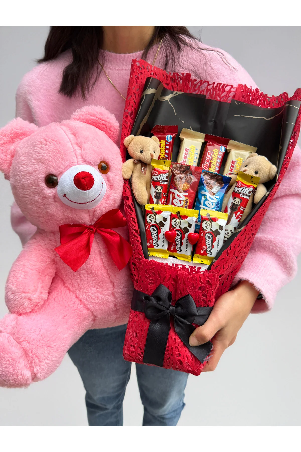 Hediyelik Çikolata Buketi Ayıcıklı ve 35cm Pembe Ayıcık Romantik 