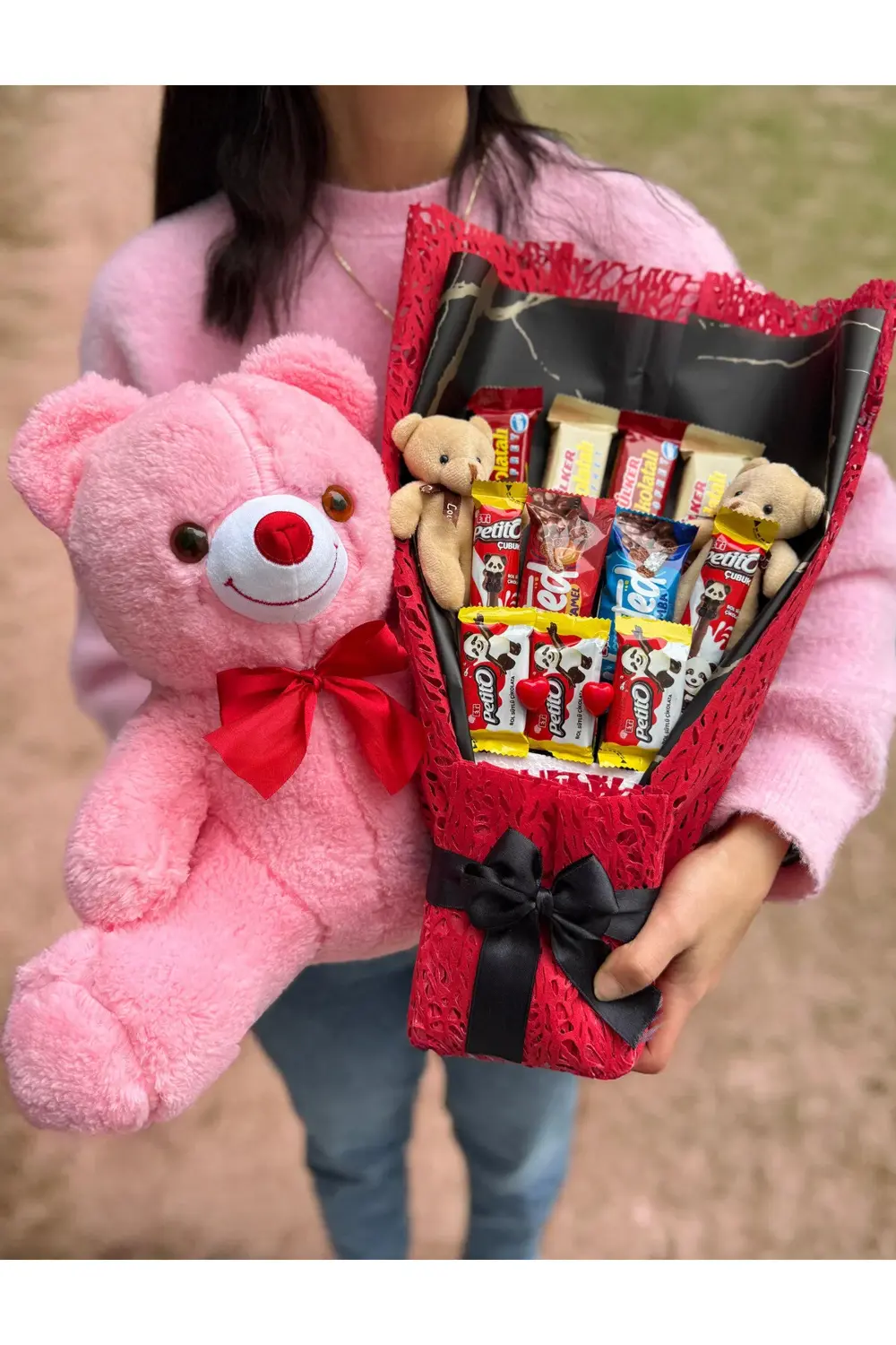 Hediyelik Çikolata Buketi Ayıcıklı ve 35cm Pembe Ayıcık Romantik