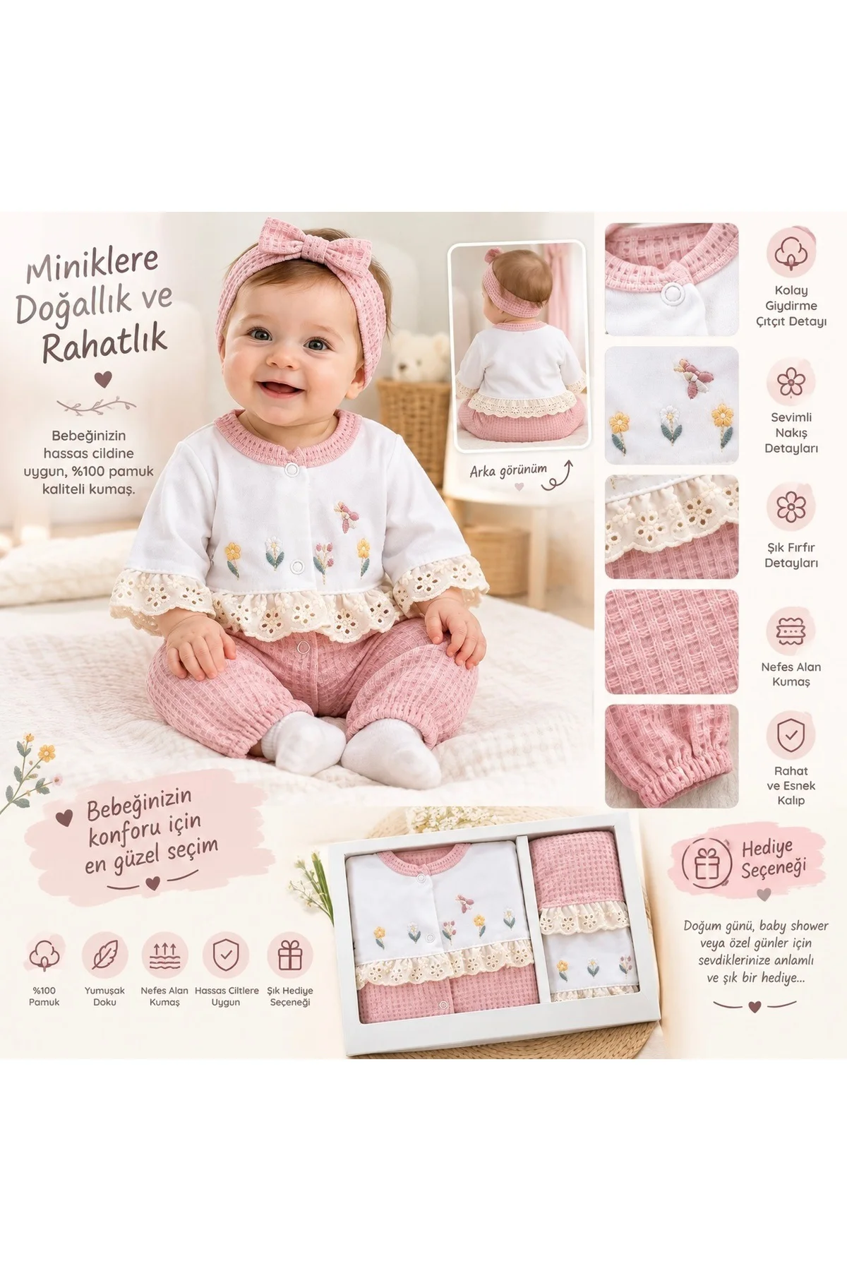Hediyelik Kız Bebek Giyim Seti %100 Pamuk Çiçek Nakışlı Dantel Detaylı Pembe Beyaz Bebek Seti Hediyelik Kız Bebek Giyim Seti %100 Pamuk Çiçek Nakışlı Dantel Detaylı Pembe Beyaz Bebek Seti