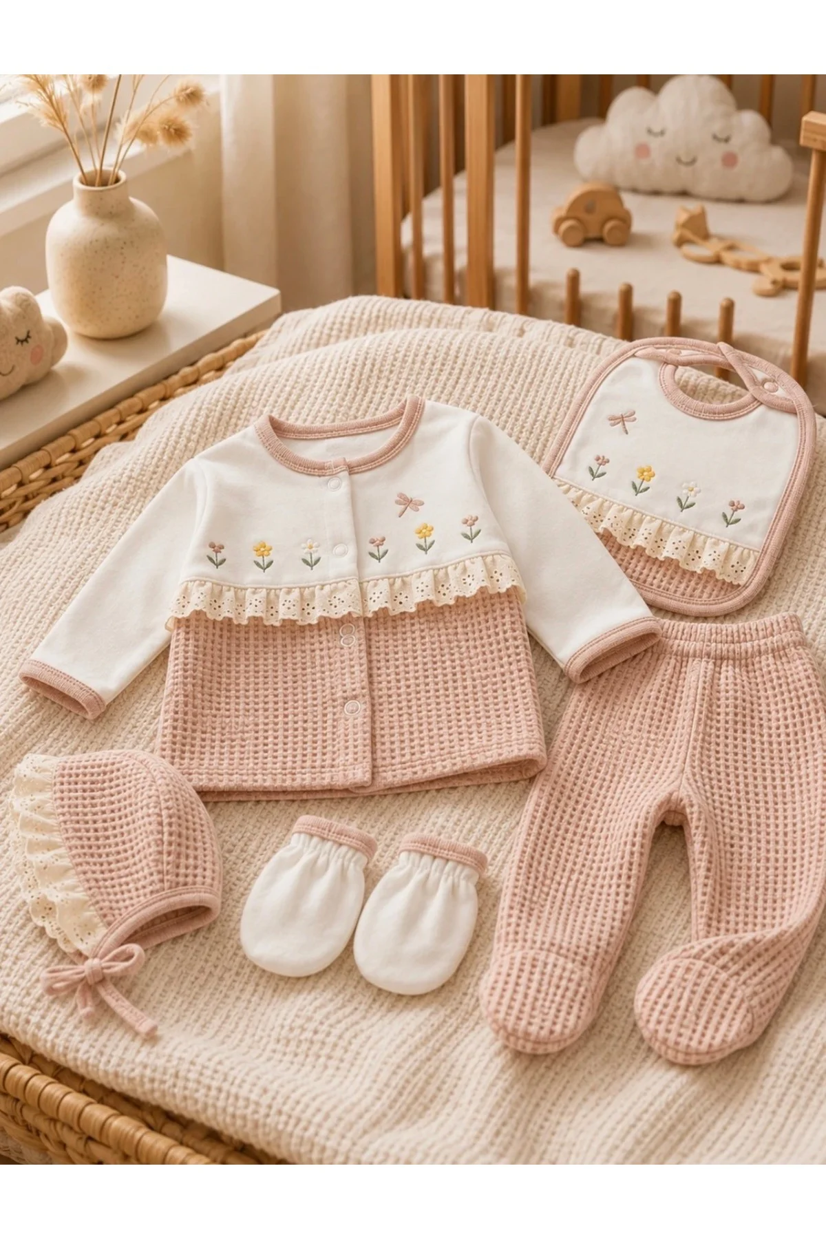 Hediyelik Kız Bebek Giyim Seti %100 Pamuk Çiçek Nakışlı Dantel Detaylı Pembe Beyaz Bebek Seti Hediyelik Kız Bebek Giyim Seti %100 Pamuk Çiçek Nakışlı Dantel Detaylı Pembe Beyaz Bebek Seti