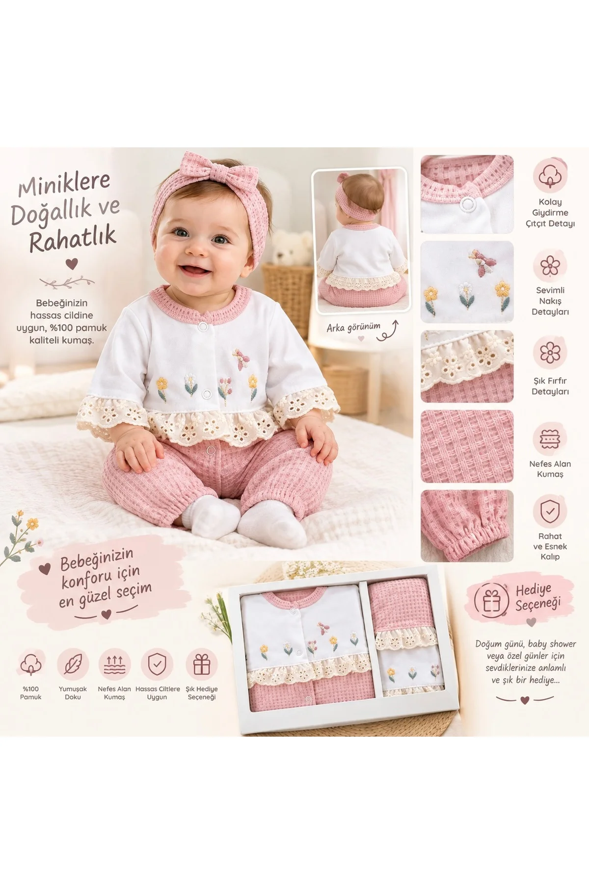 Hediyelik Kız Bebek Giyim Seti %100 Pamuk Çiçek Nakışlı Dantel Detaylı Pembe Beyaz Bebek Seti
