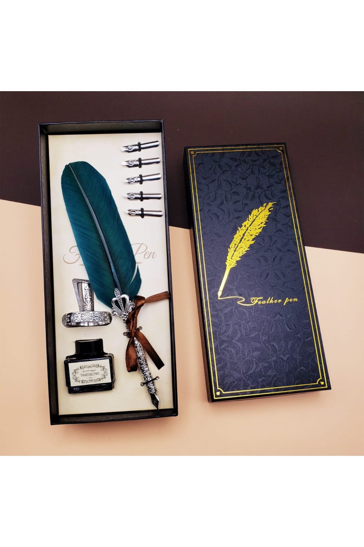 Vision Hediyelik Taçlı Kuş Tüyü Divit Kalem Seti Şarap Seçenekli