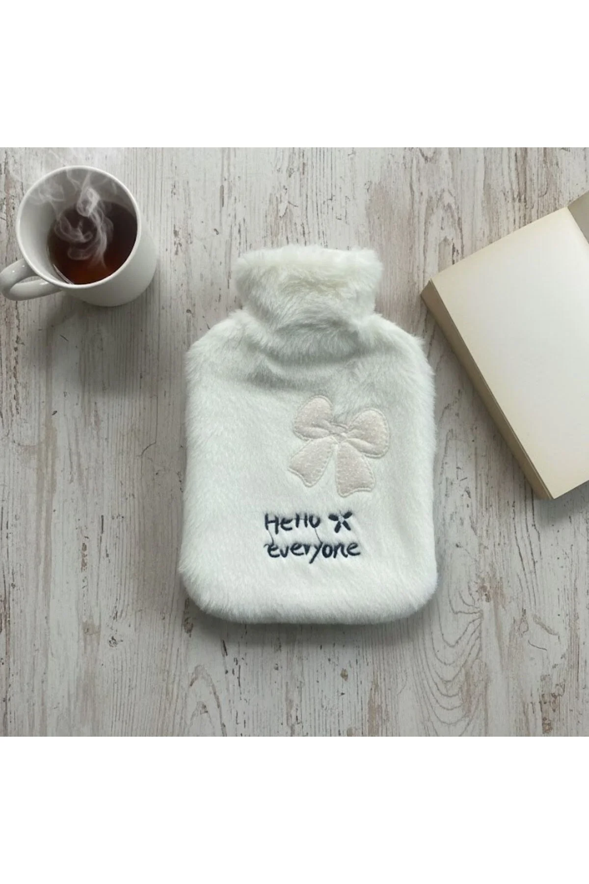 Hello Everyone Yazılı Kurdeleli Beyaz Peluş  – Yumuşak Kılıf,n Te