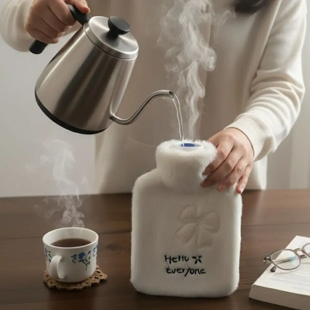 Hello Everyone Yazılı Kurdeleli Beyaz Peluş Sıcak Su Torbası 1 Lt