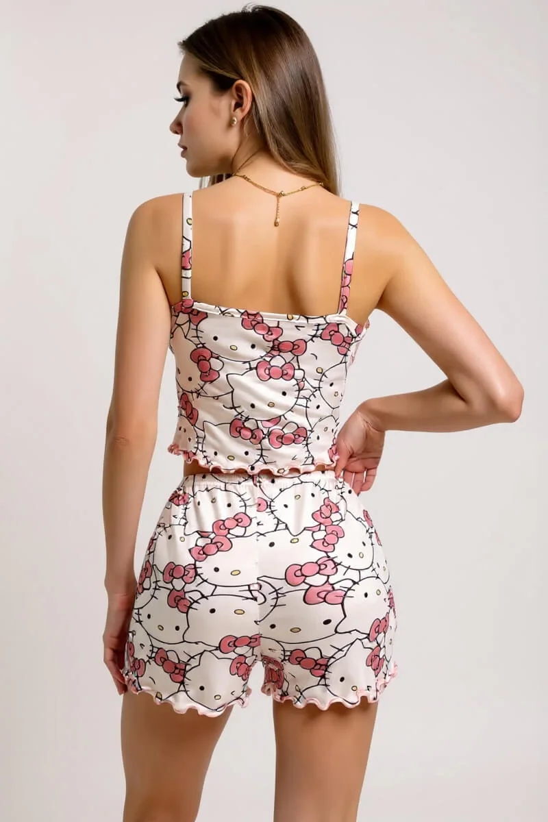 Hello Kitty Baskılı Askılı Şortlu Pijama Takımı - Konfor ve Şıklık Bir Arada