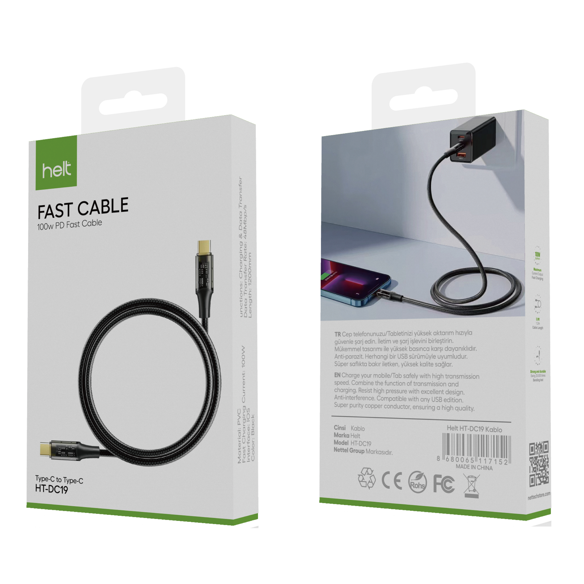 Helt HT-DC19 100W İp Örgü 100 Cm Type-C To Type-C Şarj ve Data Ka Helt HT-DC19 100W İp Örgü 100 Cm Type-C To Type-C Şarj ve Data Ka
